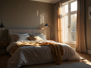 Sunny warm bedroom with strong blinding sunlight early morning coming from the window 