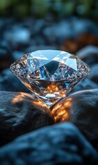 Sparkling diamond resting on dark textured stones in soft light