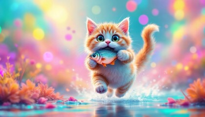 Adorable Kitten Cat Holding Fish Running in Water