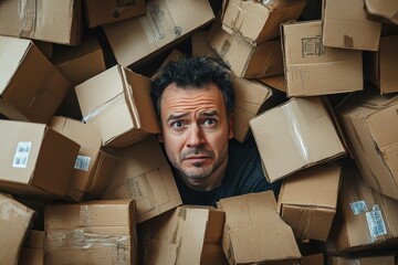 Man Surrounded by Cardboard Boxes Expressing Stress and Overwhelm in a Cluttered Environment