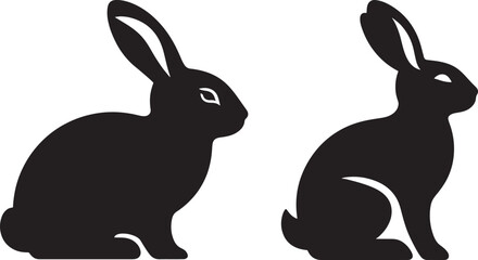 Black silhouettes, cartoon rabbits, bunny illustrations, minimalist design, three rabbits, front and back views, stylized animal shapes, white heart details, long ears, simple geometric forms