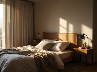 Sunny warm bedroom with strong blinding sunlight early morning coming from the window 