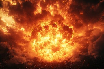 Obraz premium Dramatic Fiery Explosion with Intense Flames and Smoke in a Dark Sky Capturing the Power and Energy of a Massive Blast
