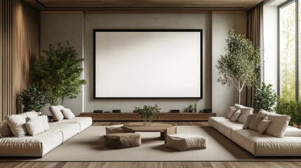Modern office lounge with a blank digital display, stylish sofas, a central table, and decorative plants on wooden floors, rendered in 3D