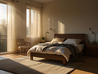 Sunny warm bedroom with strong blinding sunlight early morning coming from the window 
