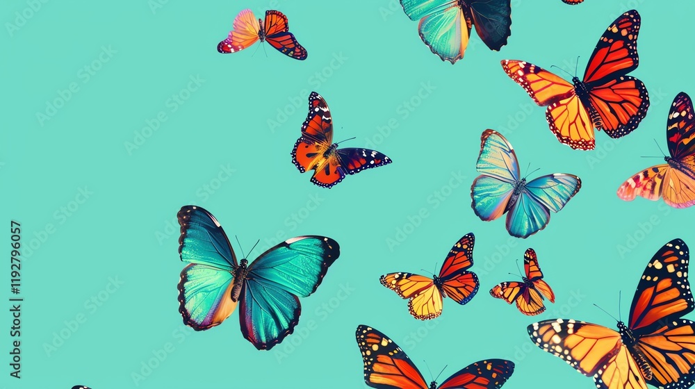 Poster a blue background with many butterflies of different colors and patterns.