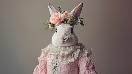 Elegant Rabbit in Pastel Pink Attire and Floral Crown