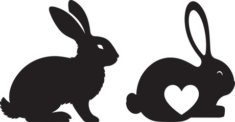 Black silhouettes, cartoon rabbits, bunny illustrations, minimalist design, three rabbits, front and back views, stylized animal shapes, white heart details, long ears, simple geometric forms