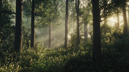 Obraz premium Sunbeams Filtering Through a Misty Forest
