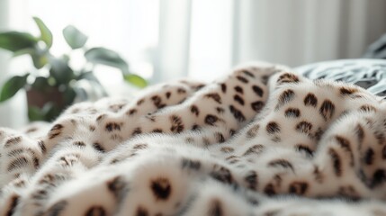 Obraz premium Luxurious leopard print faux fur blanket in sunlit room with green foliage