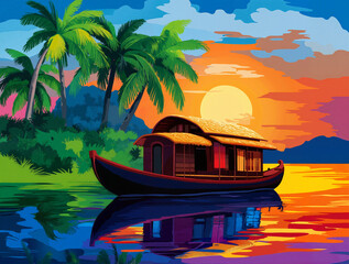 Obraz premium Vibrant Tropical Houseboat with Palm Trees Against Golden Sunset