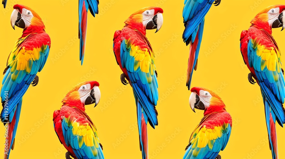 Poster a repeating pattern of colorful parrots against a yellow background.