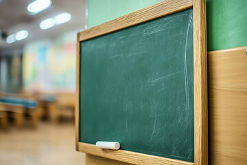 Clean green chalkboard ready for use in an empty classroom setti