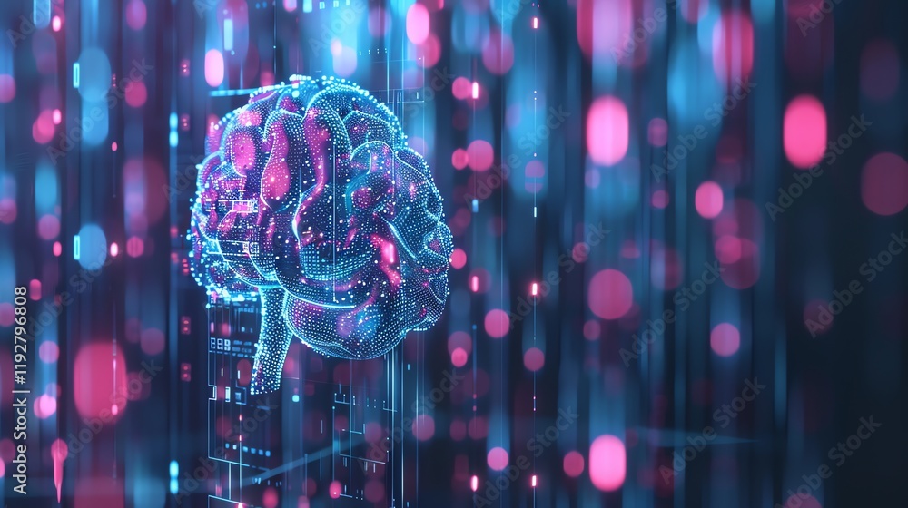 Poster a digital illustration of a human brain, composed of glowing dots and lines, suggesting a concept of