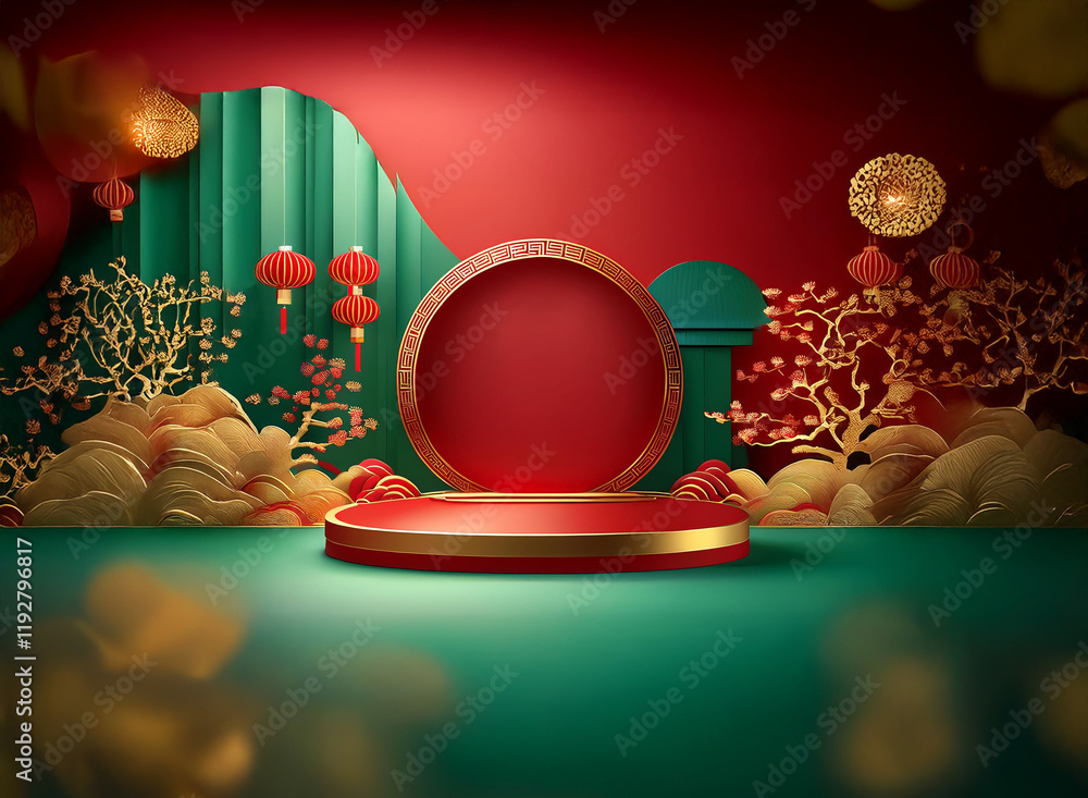 Poster elegant red and green stage with circular display, adorned with gold asian-inspired elements and lan