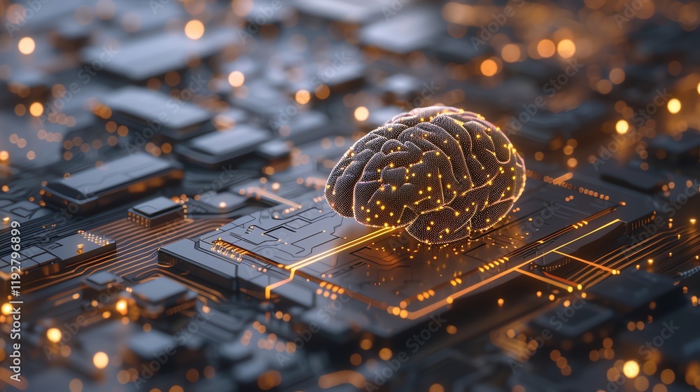 Poster a digital rendering of a human brain, composed of glowing dots and lines, suggesting a concept of ar