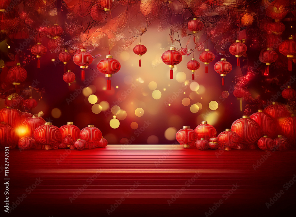 Poster A festive scene with red lanterns and ornaments hanging from a branch, illuminating a red platform.  Warm, bokeh-filled background creates a celebratory mood.