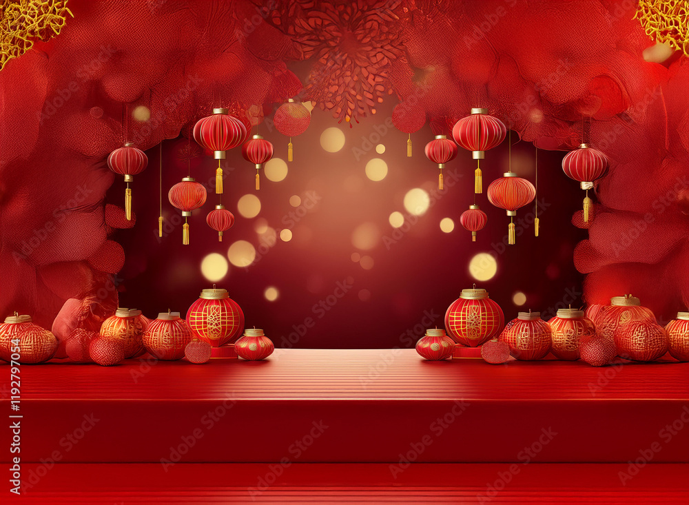 Poster red festive backdrop with hanging lanterns and round ornaments. a stage-like platform is centrally p