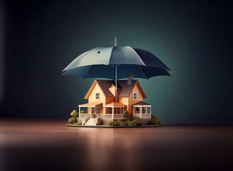 A miniature house sits securely under a protective umbrella, symbolizing safety and security for homeownership.  The dark background emphasizes the umbrella's shielding effect.