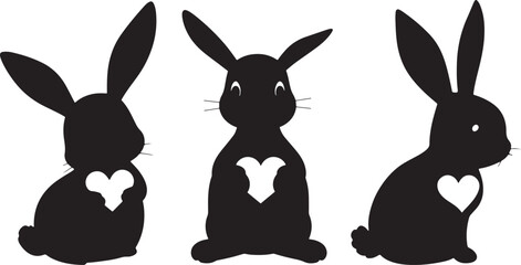 Black silhouettes, cartoon rabbits, bunny illustrations, minimalist design, three rabbits, front and back views, stylized animal shapes, white heart details, long ears, simple geometric forms