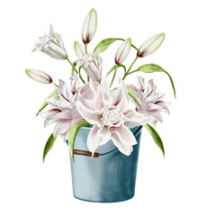 Bucket with lilies. Large bouquet of flowers. Watercolor illustration in vintage style. No background. Pastel color palette. Buds and petals with leaves