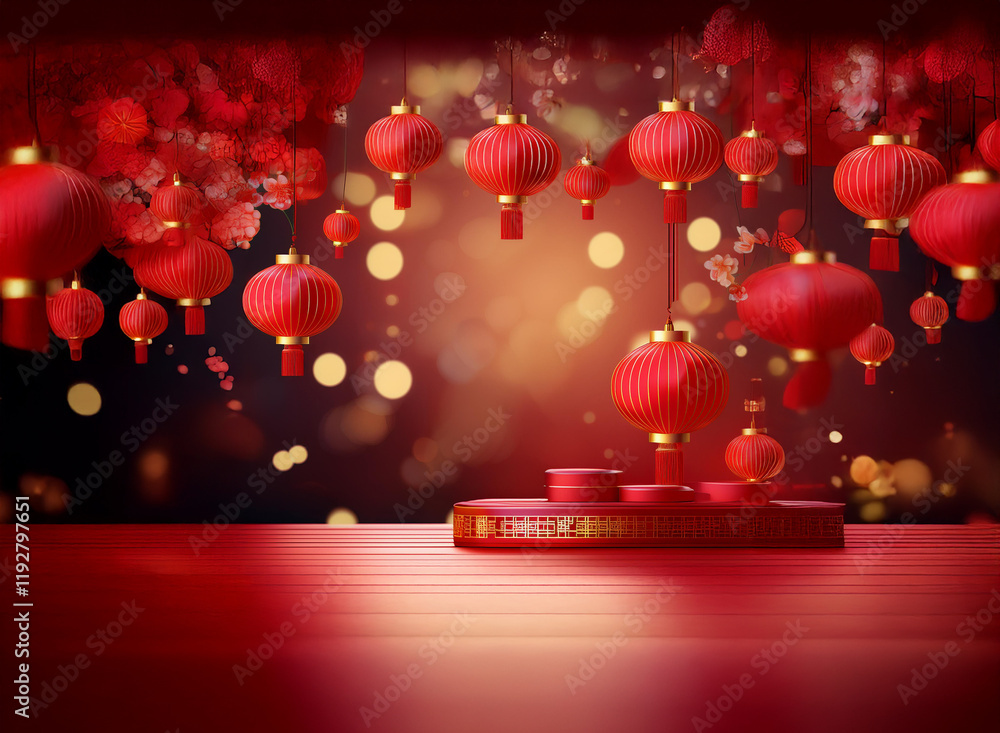 Poster red lanterns and blossoms create a festive backdrop for a product display on a red table. warm bokeh