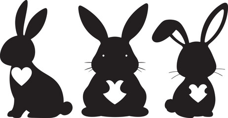 Black silhouettes, cartoon rabbits, bunny illustrations, minimalist design, three rabbits, front and back views, stylized animal shapes, white heart details, long ears, simple geometric forms
