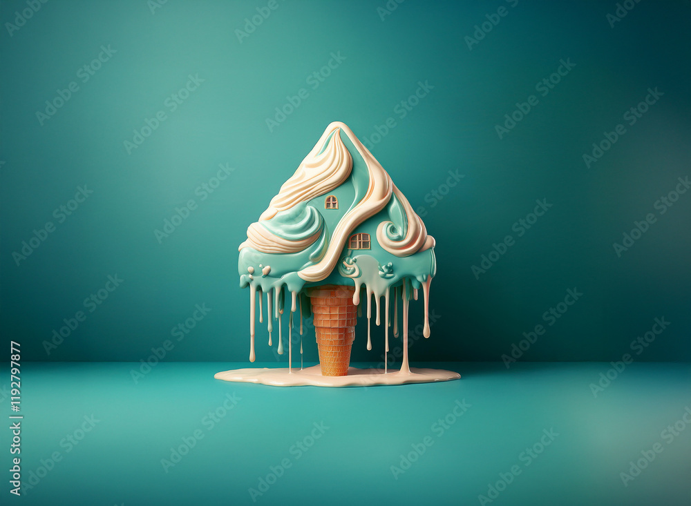 Aufkleber a whimsical ice cream house, teal and white, melts dramatically on a teal background. the sweet trea