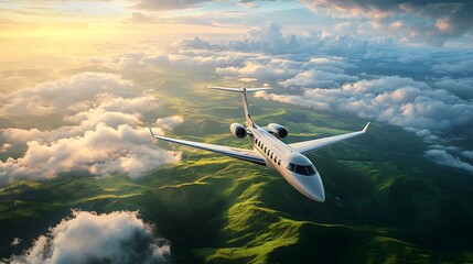 Naklejka premium Luxury jet soaring above stunning cloudscape scenic aerial view adventure