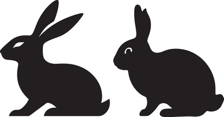 Black silhouettes, cartoon rabbits, bunny illustrations, minimalist design, three rabbits, front and back views, stylized animal shapes, white heart details, long ears, simple geometric forms
