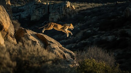 Fototapeta premium Lioness leaping across rocky terrain at sunset.