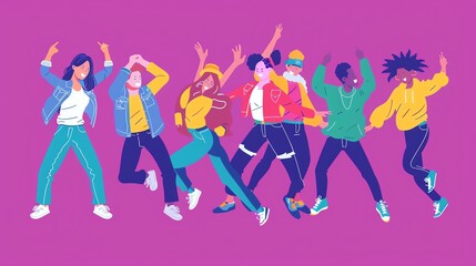 Fototapeta premium A group of cartoon people are dancing in front of a purple background.