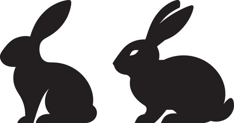 Black silhouettes, cartoon rabbits, bunny illustrations, minimalist design, three rabbits, front and back views, stylized animal shapes, white heart details, long ears, simple geometric forms