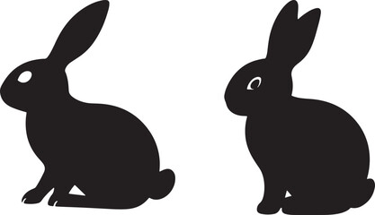 Black silhouettes, cartoon rabbits, bunny illustrations, minimalist design, three rabbits, front and back views, stylized animal shapes, white heart details, long ears, simple geometric forms