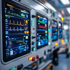 health warning emergency monitoring High-tech medical monitors displaying vital signs in a modern healthcare setting.
