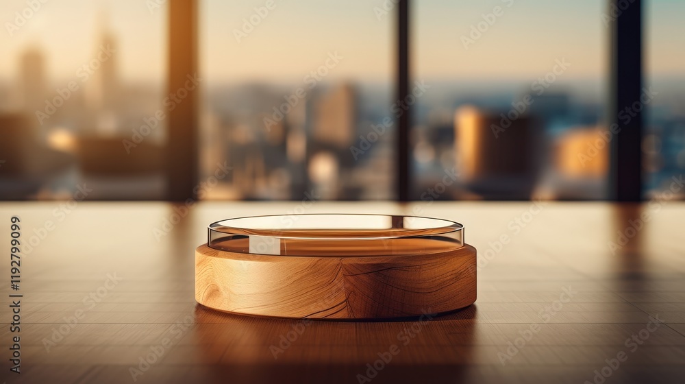 Poster empty round display stand on elegant wooden table with cityscape background at sunset in a modern in