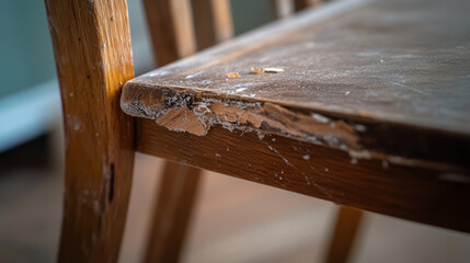 A wooden chair sits in a warm indoor environment, displaying visible damage on its edge. Dust particles catch the light, highlighting the chair's aged, rustic character and inviting ambiance