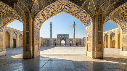 Intricate tile work and stunning arches frame the courtyard of Nasir al-Mulk Mosque in Shiraz. Sunlight casts beautiful patterns, highlighting the vibrant colors of the historic building during midday