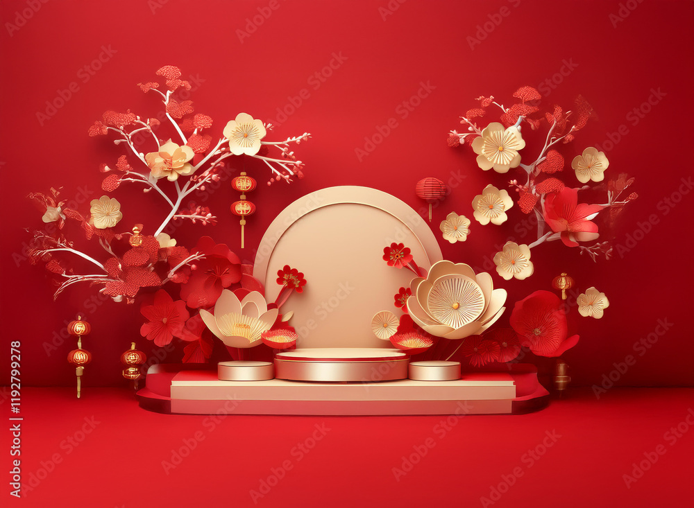 Poster elegant 3d rendering of a festive display. red and gold paper flowers and lanterns adorn a beige pod