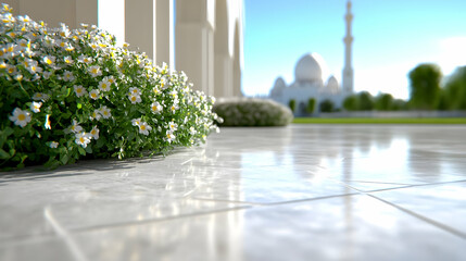 Obraz premium White flowers in foreground, reflecting sunlight on marble paving. Grand mosque in background under bright sky. Ideal for travel, architecture, and serenity themes