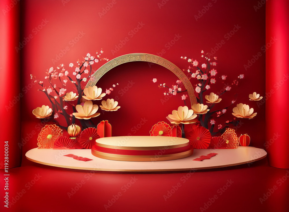 Poster a red and gold festive display features a circular podium adorned with paper flowers and blossoms, c