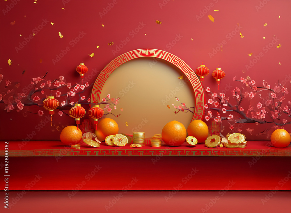 Poster a festive scene with oranges, plum blossoms, and lanterns against a red backdrop. gold accents and a