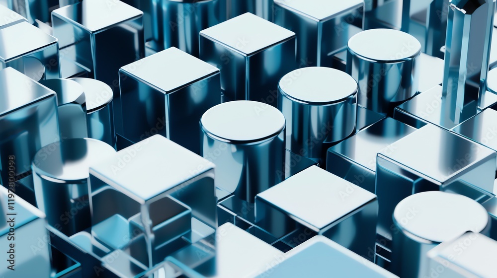 Poster an abstract background with a pattern of blue, reflective cubes and cylinders.