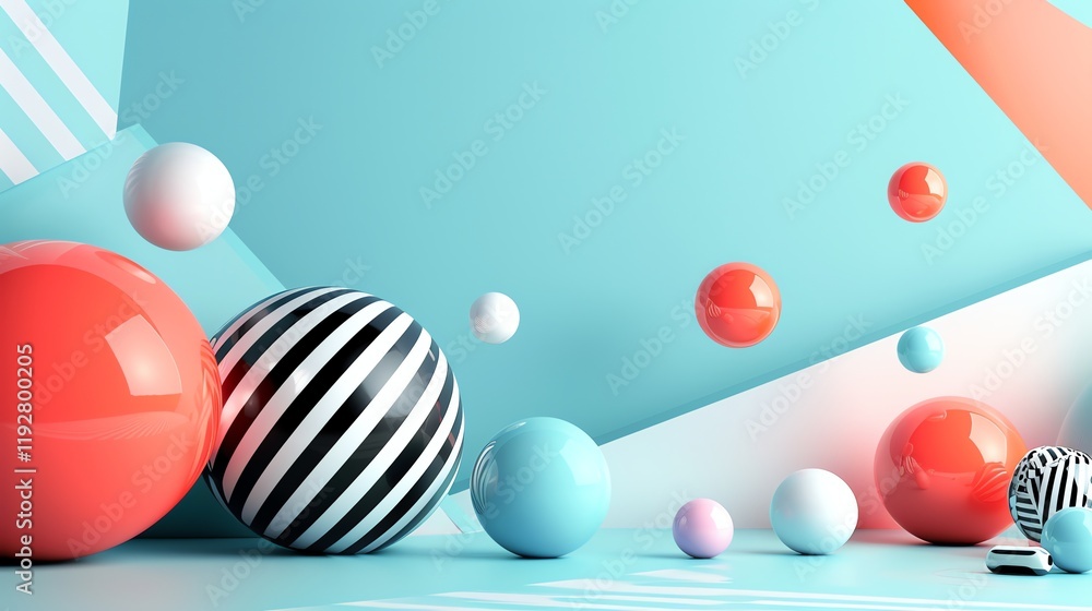 Poster an abstract 3d rendering of colorful spheres floating in a blue and white room.