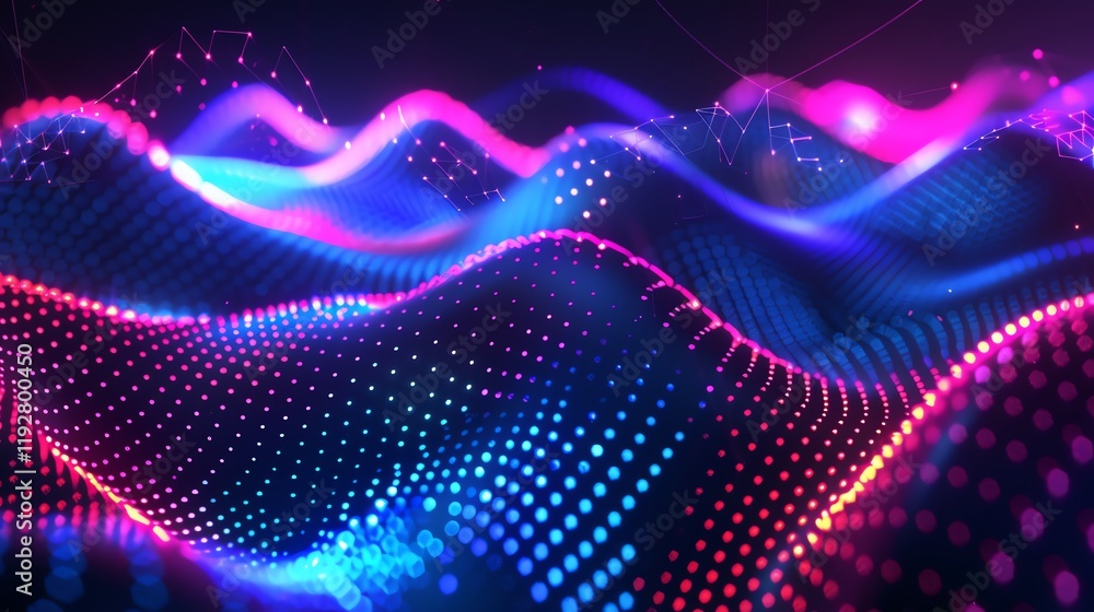 Poster an abstract image of a grid of glowing lights with red and blue hues.