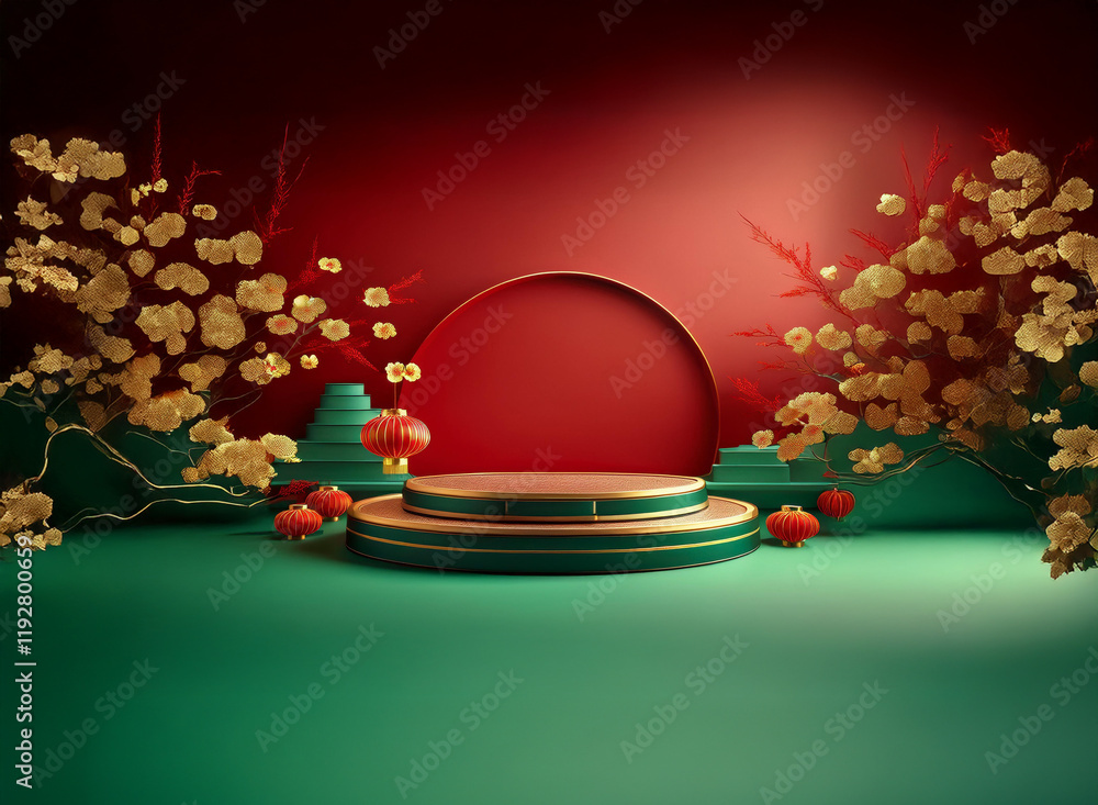 Poster elegant festive scene with a circular podium, gold branches, and red lanterns against a rich red and