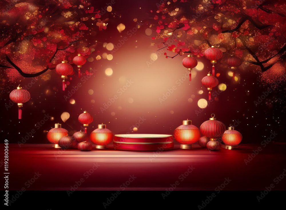 Poster a red and gold festive scene with glowing lanterns and blossoming branches surrounding a circular pl