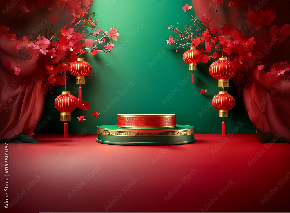 Poster a festive scene with a red and green circular podium, adorned with red lanterns and cherry blossoms 