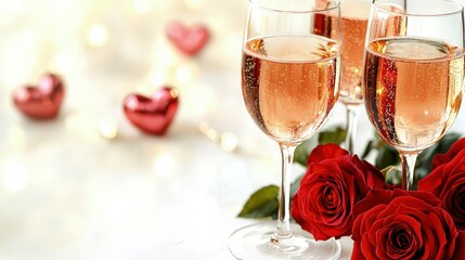 Two elegant glasses of champagne sparkle in the soft glow of candlelight, their golden hues reflecting romance.