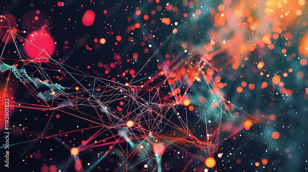 Poster an abstract image with a network of red and blue lines and glowing orbs of light.